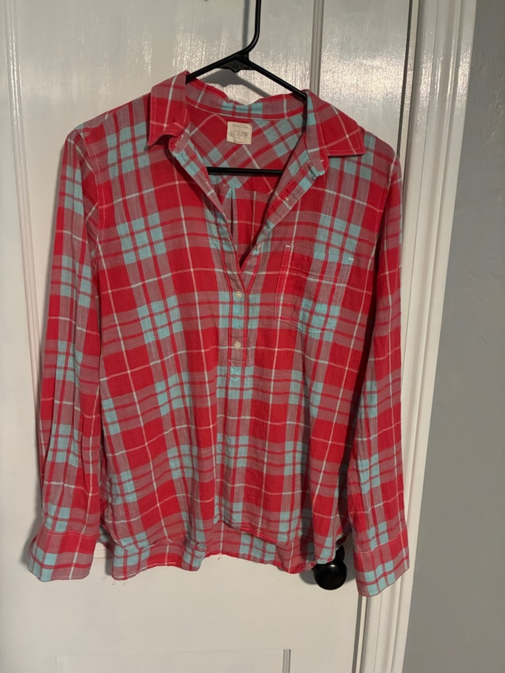 J. Crew Red and Light Blue Plaid Button-Up